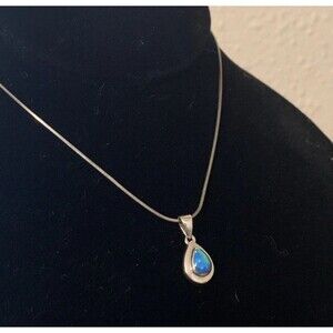 Vintage Sterling Silver Blue Fire Opal Teardrop Necklace 16”